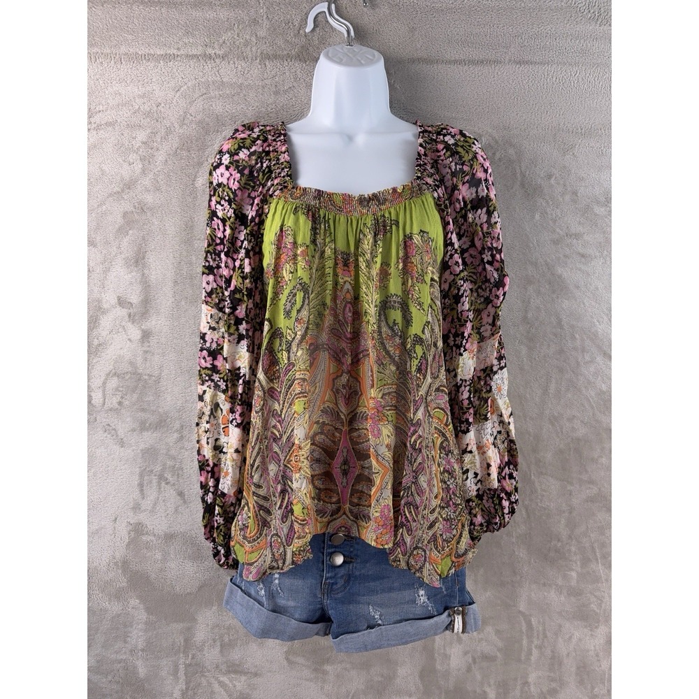 Free People Blouse Womens Size XS Multicolor Long Sleeve Boho Paisley Peasant